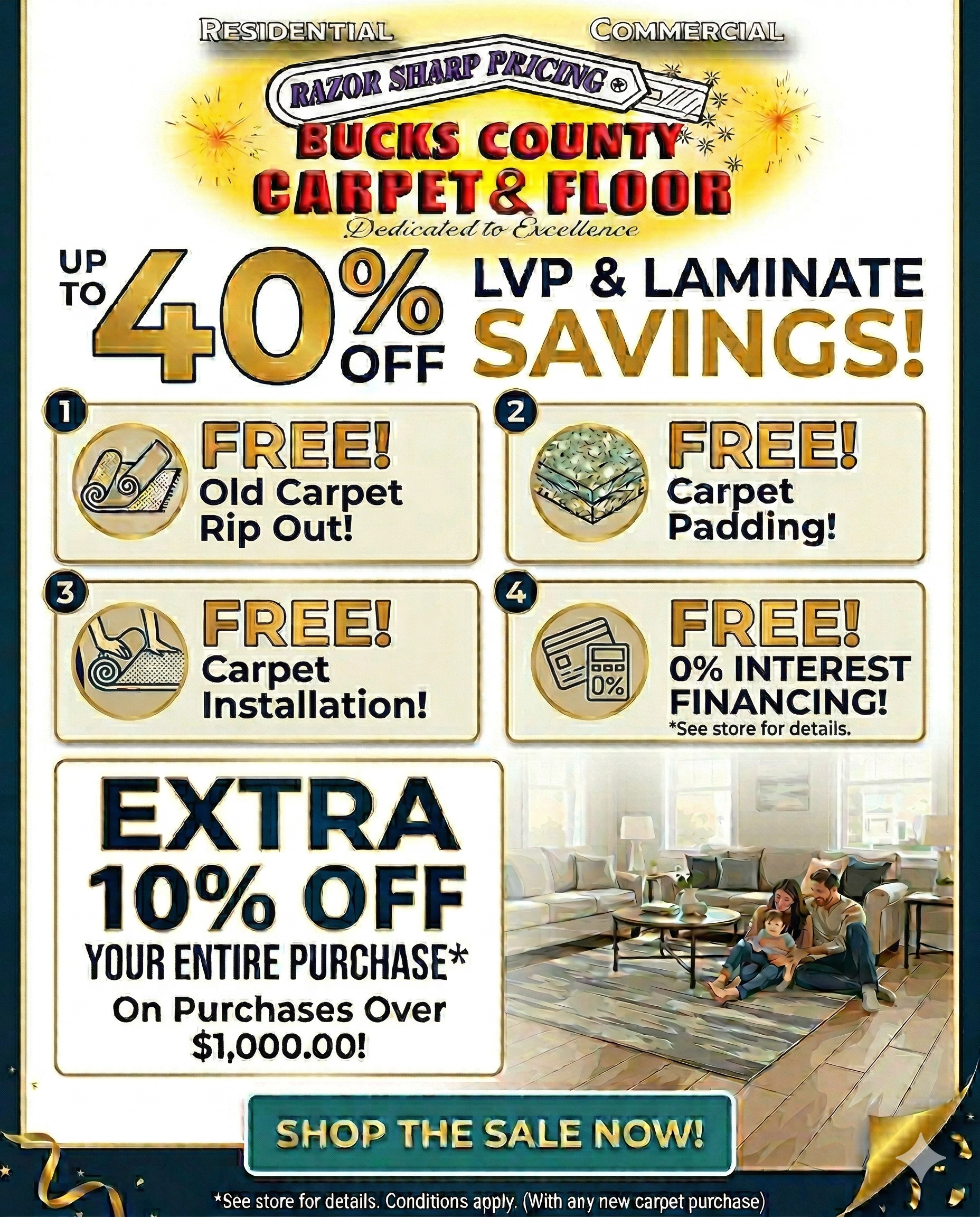 49th anniversary sale at Bucks County Carpet and Floor: up to 40% off LVP and laminate, free carpet rip out, free carpet padding, free carpet installation, plus 0% financing