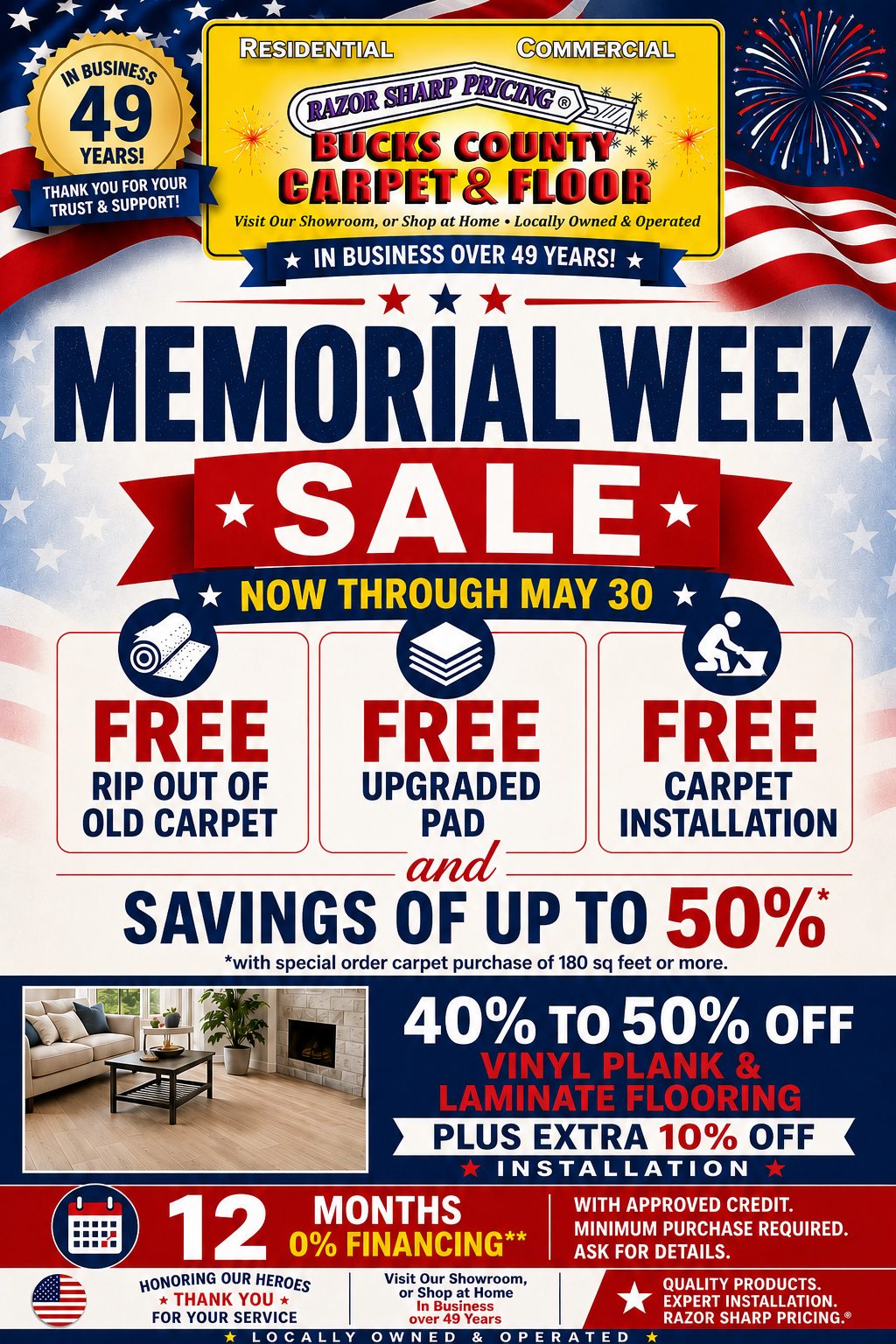 Memorial Day sale graphic with free carpet rip out, free upgraded pad, free carpet installation, flooring savings, and financing offers