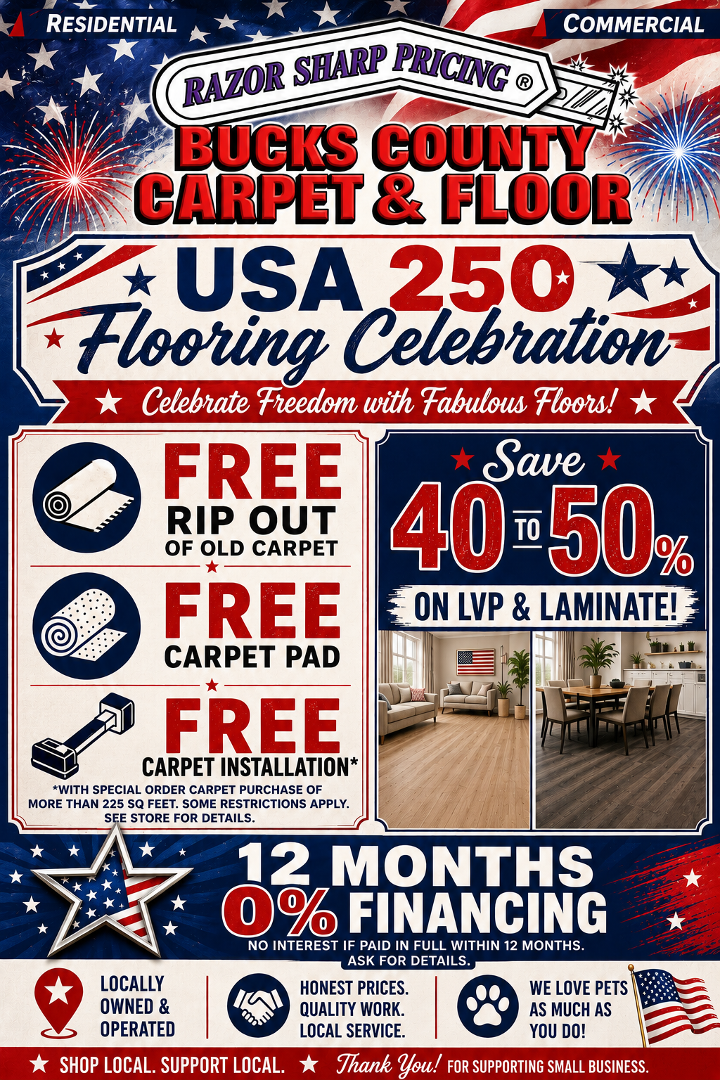 USA 250 flooring celebration sale graphic with free carpet rip out, free carpet pad, free carpet installation, 40 to 50 percent savings on LVP and laminate, and 12 months zero percent financing